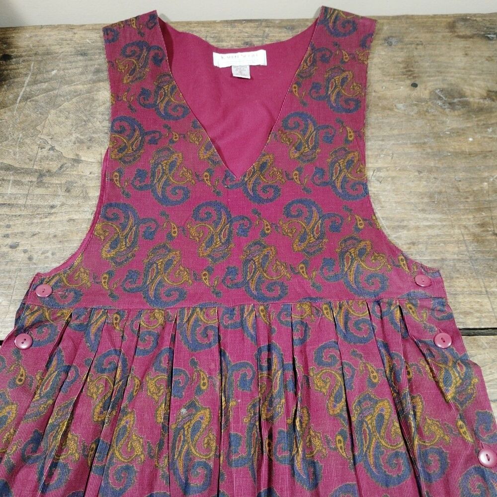 Vintage Karen Scott Jumper Dress Sz 8 Corduroy Wine Paisley Cottagecore 90s